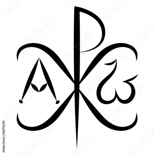 Chi Ro , Chrisma or Chrismon. Monogram of the name of Christ. I am Alfa and Omega. Biblical lettering. Vector design. Sacred symbol of the Christian religion. Used on Roman shields 