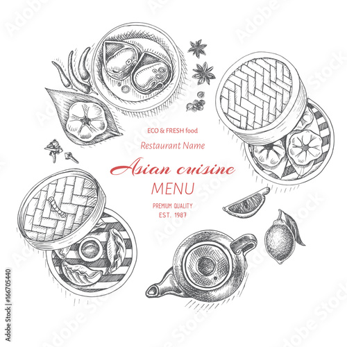 Vector illustration sketch - asian food. Card menu Dim Korean food.. vintage design template, banner.