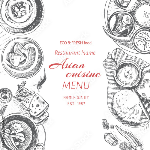 Vector illustration sketch - asian food. Card menu indian. vintage design template, banner.
