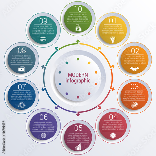 Pattern for infographic 10 positions colorful circles in circle.