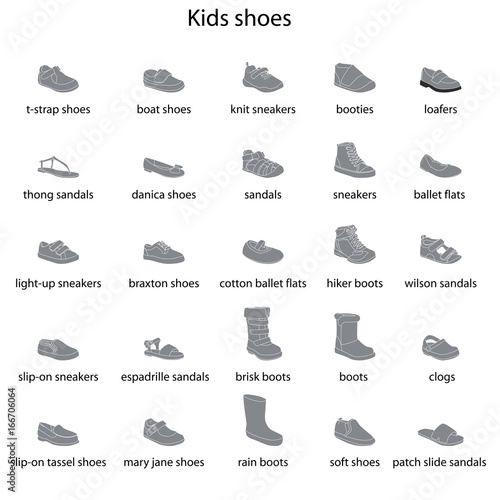 Kids shoes, set, collection of fashion footwear with names. Baby, girl, boy, child, childhood. Vector design isolated illustration. White outlines, gray silhouettes, white background.