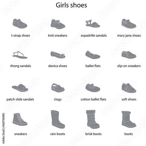 Girls shoes, set, collection of fashion footwear with names. Baby, kid, child, childhood. Vector design isolated illustration. White outlines, gray silhouettes, white background.