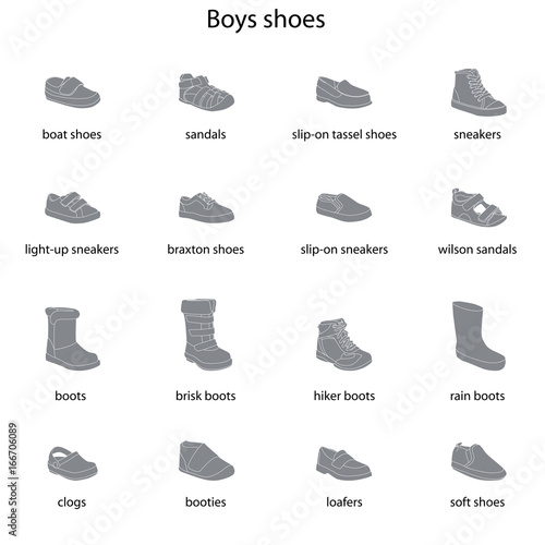Boys shoes, set, collection of fashion footwear with names. Baby, kid, child, childhood. Vector design isolated illustration. White outlines, gray silhouettes, white background.
