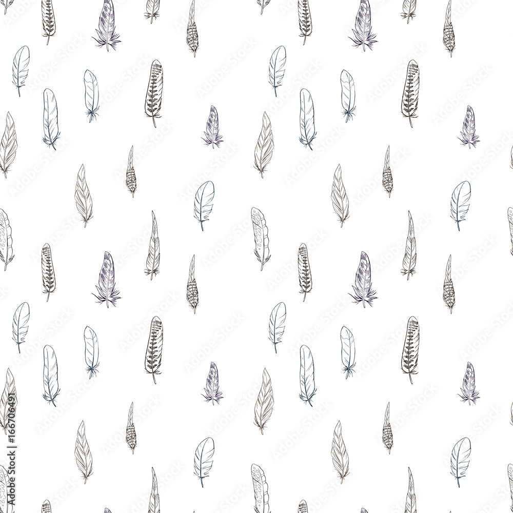 Seamless pattern with contour detailed bird feathers.  illustration. - obrazy, fototapety, plakaty 