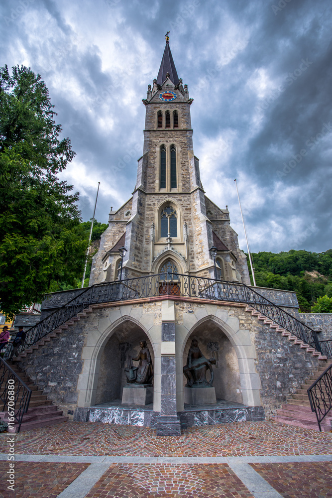 Cathedral St. Florin (or Vaduz Cathedral) in Vaduz, Liechtenstein, Europe. It was built in 1874 by Friedrich von Schmidt