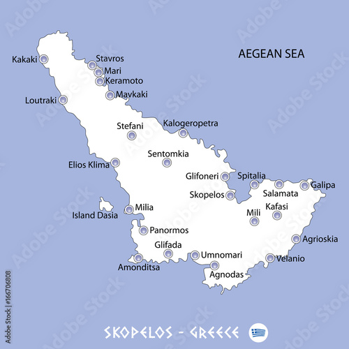 island of skopelos in greece white map and blue background illustration