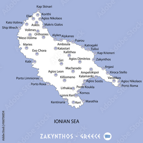 island of zakynthos in greece white map and blue background illustration