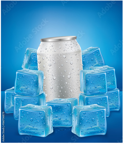 White Aluminum Tin Cans in ice cubes with many water drops
