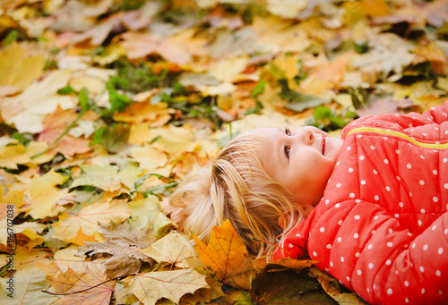 little girl in autumn fall leaves