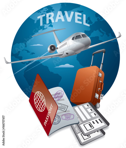  jet, passport and luggage