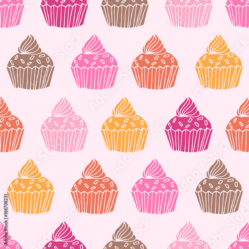 Cute hand drawn cupcake seamless pattern. Vector illustration.