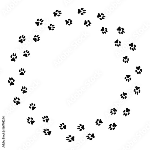 Round frame with black dog track isolated on white background. Animal footprint silhouette. Border with pet track.