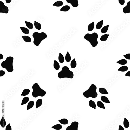 Seamless pattern with black dog track isolated on white background. Animal footprint silhouette. Background with pet track.