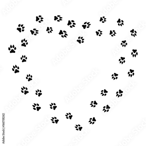 Heart shape frame with black dog track isolated on white background. Animal footprint silhouette. Border with pet track. Vector illustration.