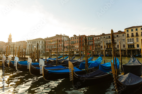 Gondolas of Venice in the morning light. Italy.