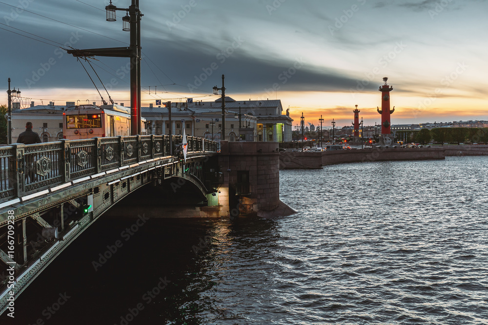 St. Petersburg sunset cityscape, famous bridge, view to Vasilievsky Island