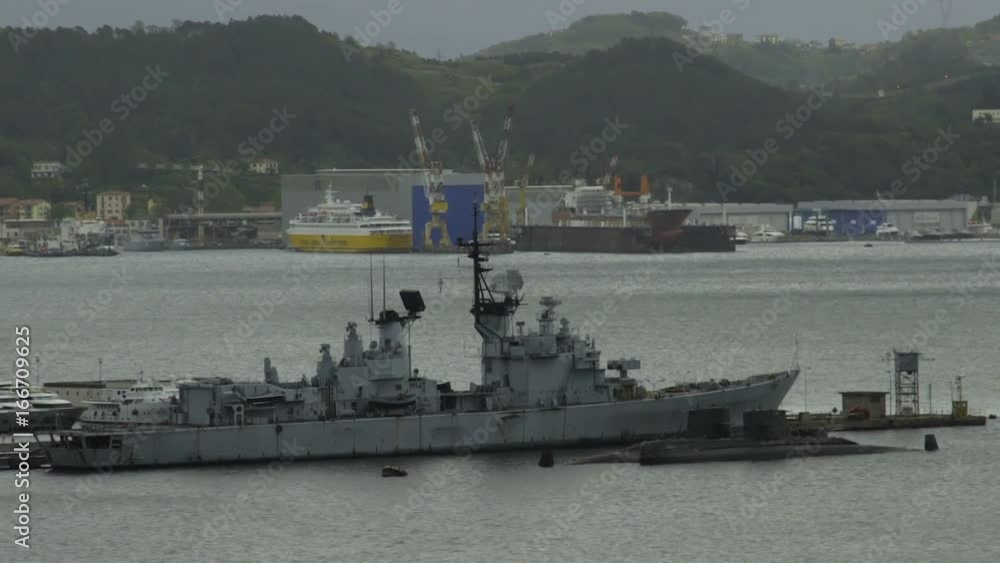 La Spezia harbor, view of Italian naval ship, water transportation, warship La Spezia harbor, view of Italian naval ship, water transportation, warship