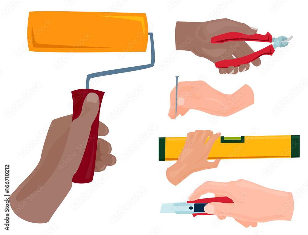Hands with construction tools vector cartoon style House renovation ...