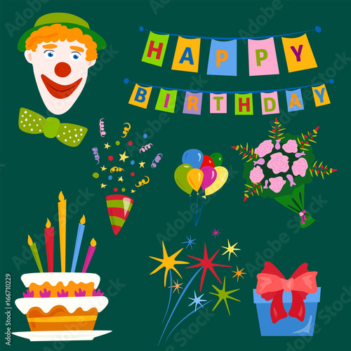 Party icons celebration happy birthday surprise decoration cocktail event ann...