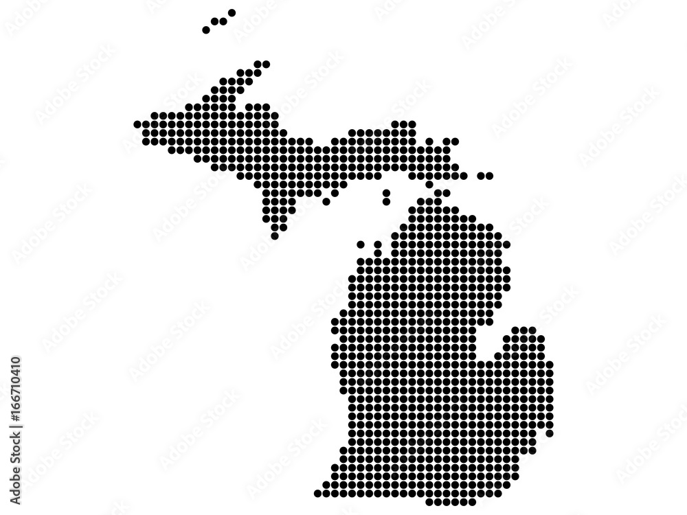 Map of Michigan state print. White background, black dots. Vector illustration.