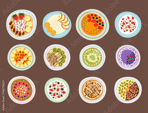 Breakfast oatmeal porridge with berries top view tasty gourmet delicious vegetarian fresh eating morning dessert vector illustration.