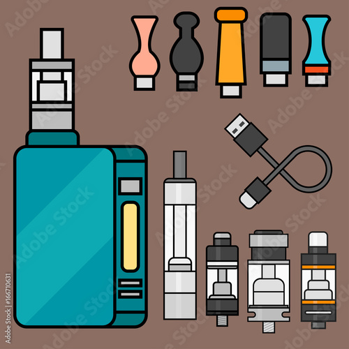 Vape device vector set cigarette vaporizer vapor juice bottle flavor illustration battery coil.
