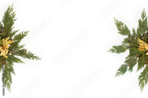 Evergreen leaves arranged in star shape isolated on white background. Flat lay, top view. Christmas related composition