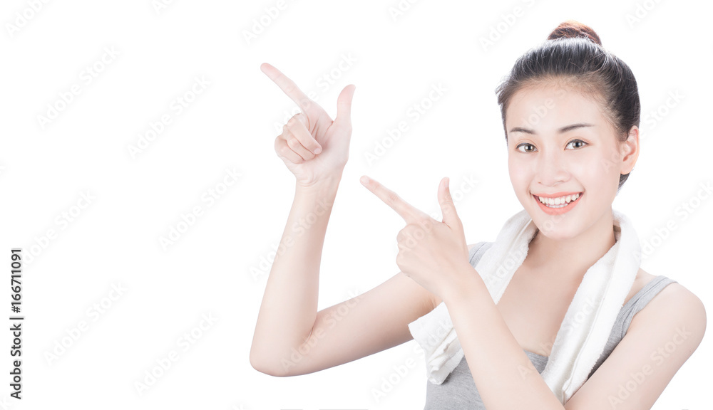 Woman is pointing finger, isolated on white background Woman is pointing finger, isolated on white background