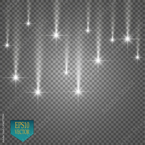 Vector rain comets isolated on transparent background. Lights. Magic concept. Vector white glitter wave abstract illustration. White star dust trail sparkling particles isolated. Vector