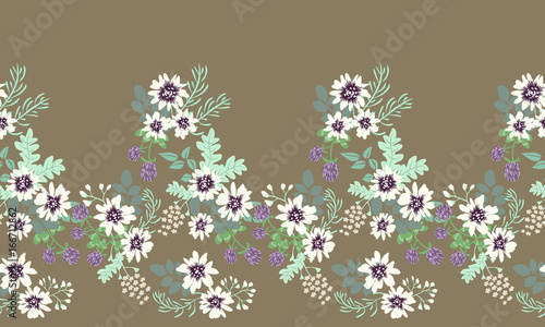 Seamless folk border in small wild flowers. Country style millefleurs. Floral meadow background for textile, wallpaper, pattern fills, covers, surface, print, gift wrap, scrapbooking, decoupage.