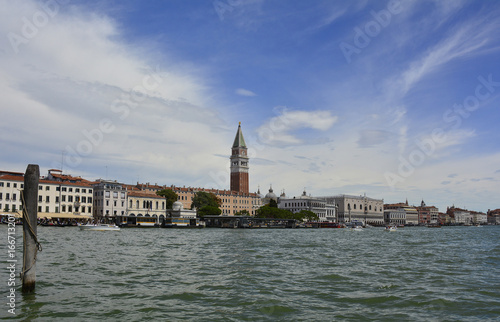 The landmark Campanile di San Marco, the bell tower of the Basilica Cattedrale Patriarcale di San Marco (the Patriarchal Cathedral Basilica of Saint Mark) in Piazza San Marco in Venice 