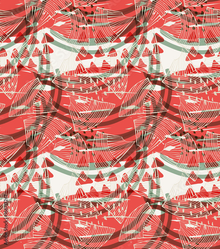 Abstract seashells with corral red triangles