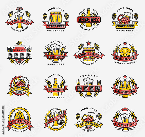 Craft beer mug alcohol drink bages vector set.