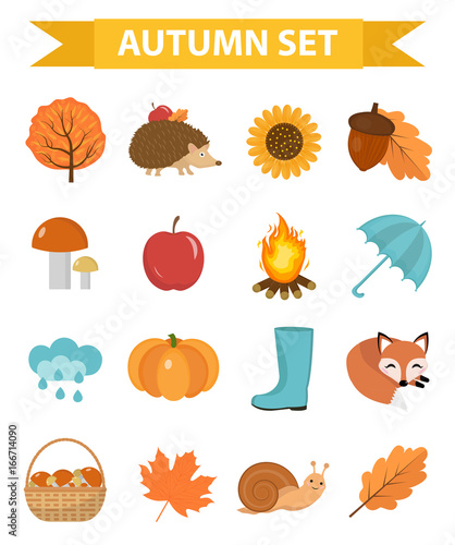 Autumn icons set flat or cartoon style.Collection design elements  with yellow leaves, trees, mushrooms, pumpkin, wild animals, umbrella and boots. Isolated on white background. Vector illustration