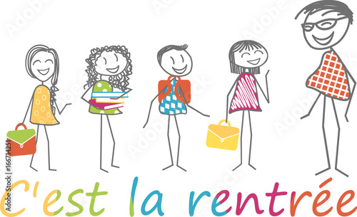 Des enfants avec leur cartables et livres d'école sont prêt pour la rentrée scolaire avec le professeur
