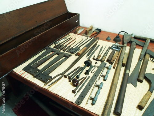 old vintage hand tools with blank wooden box
