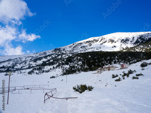 Mount Bezbog and cabin in Pirin Mountain, Bulgaria