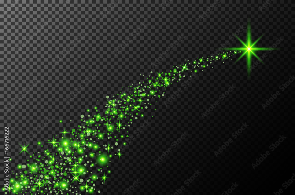 Green glitter star dust trail sparkling particles on transparent ...