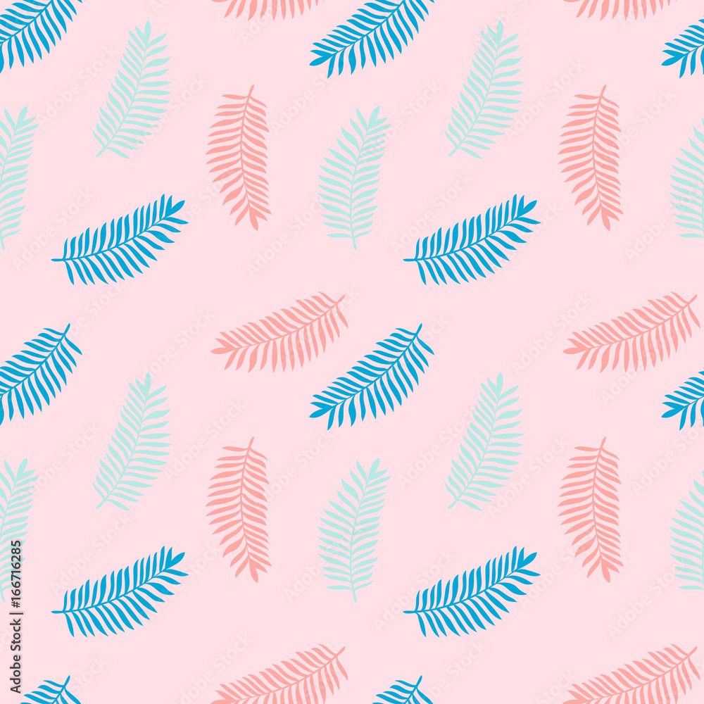 Tropical pink background with colorful palm leaves. Seamless floral pattern. Nature organic background.fashion fabric texture, seamless vector pattern