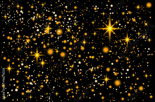 space. Christmas, new year card template with abstract golden star shaped confetti background. cosmos