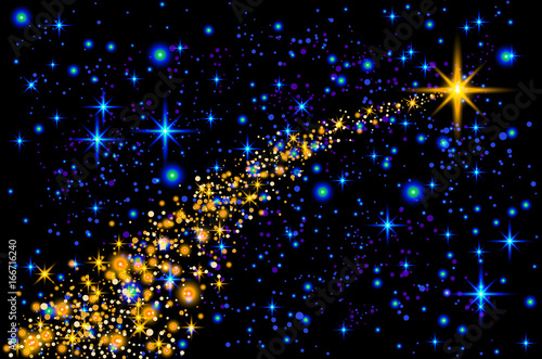 Abstract Bright Falling Star - Christmas Star - Shooting Star with Twinkling Star Trail on Dark Blue Background - Meteoroid, Comet, Asteroid - Backdrop Vector Illustration