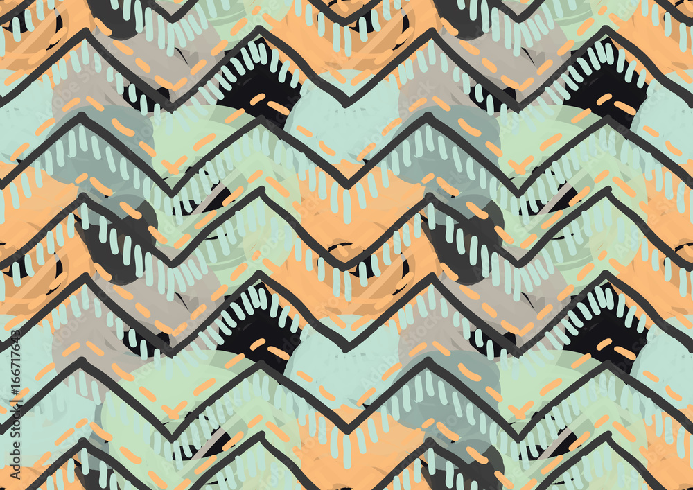 Obraz premium Scribbled circles inked chevron brown green yellow