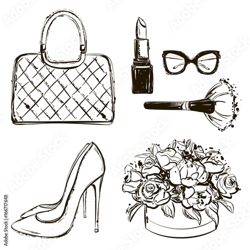 Vector fashion black and white sketch set. Hand drawn graphic shoes, bag, makeup brush, lipstick, flower box, eye glasses, flowers. Fashion illustration kit vogue style