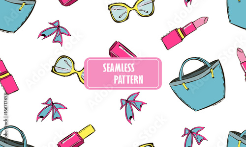 Vector cute hand drawn seamless pattern with women's accessories and cosmetics. Trendy background with pink and gold women's accessories: bag, Lipstick, nail polish, glasses.