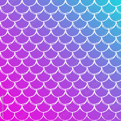 Fish skin on trendy gradient background. Square backdrop with fish skin ornament. Bright color transitions. Mermaid tail banner and invitation. Underwater and sea pattern. Blue, purple, pink colors.