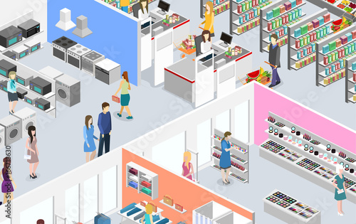isometric interior shopping mall, grocery, computer, household, equipment store.
