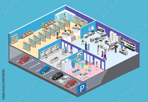 isometric interior shopping mall, grocery, computer, household, equipment store.