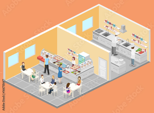 Isometric flat 3D interior of cafe, canteen and restaurant kitchen.