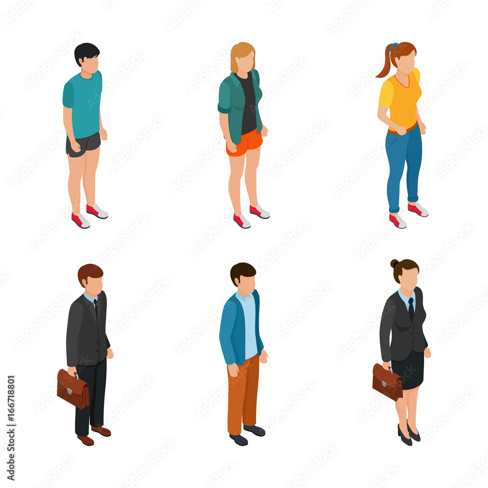 Obraz premium Trend Isometric people of different characters: teenager, freelancers, business woman and businessman in suits insulated. Vector illustration.