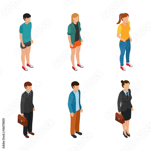 Trend Isometric people of different characters: teenager, freelancers, business woman and businessman in suits insulated. Vector illustration.
